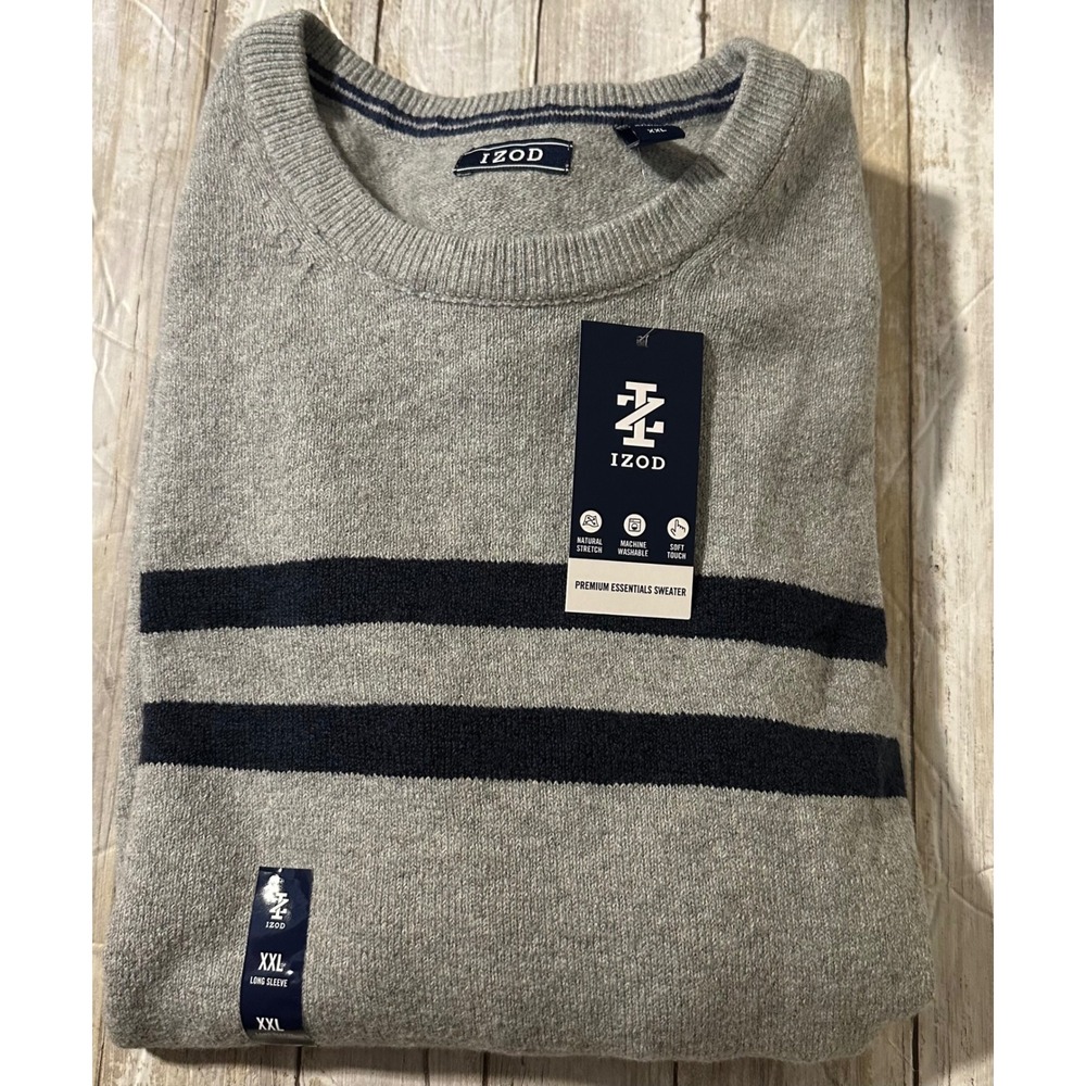 IZOD Mens Sweater XXL‎ Gray Navy Stripe Crew Neck Long Sleeve Premium Essentials